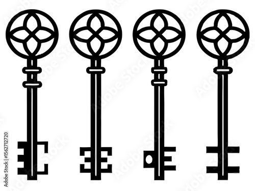 Four stylized black antique keys with circular ornate tops on a white background