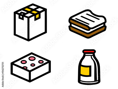 Set of four isometric icons representing a package sandwich sponge and bottle