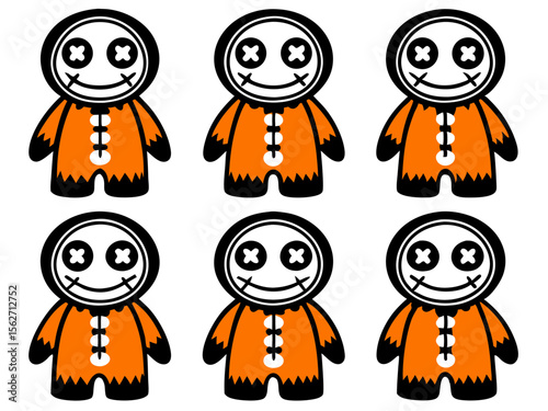 Six identical cartoon voodoo dolls with orange bodies and black accents