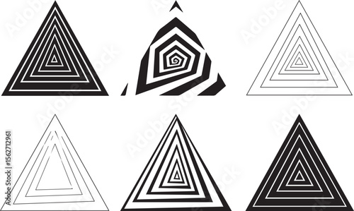 Six abstract geometric triangle patterns with black and white stripes and outlines creating a sense of depth and optical illusion on a white background