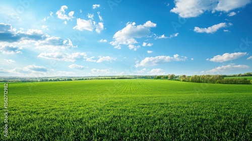 A serene, green field with a clear blue sky and scattered white clouds, featuring a lone tree in the distance.