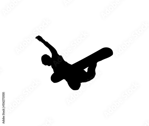 Silhouette of a snowboarder performing a jump in mid-air, arms outstretched.
