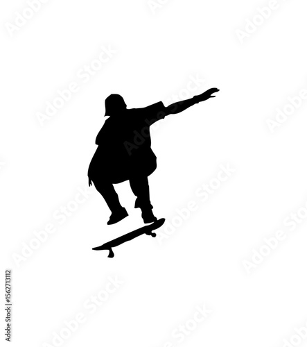 Silhouette of a skateboarder performing a trick in mid-air, wearing a cap and casual clothing.
