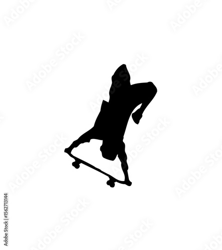Silhouette of a skateboarder performing a handstand trick.