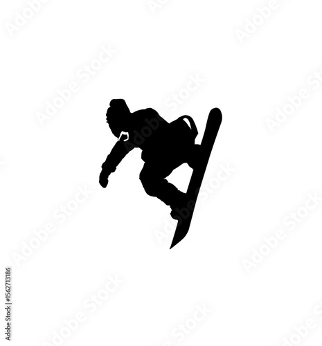 Silhouette of a snowboarder executing an aerial maneuver, mid-air, in a dynamic pose.