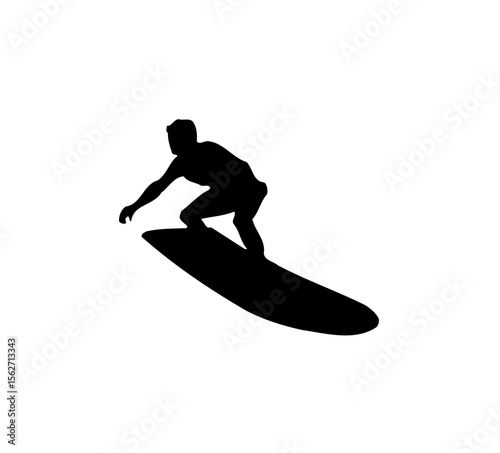 Silhouette of a surfer riding a surfboard, isolated on a white background.