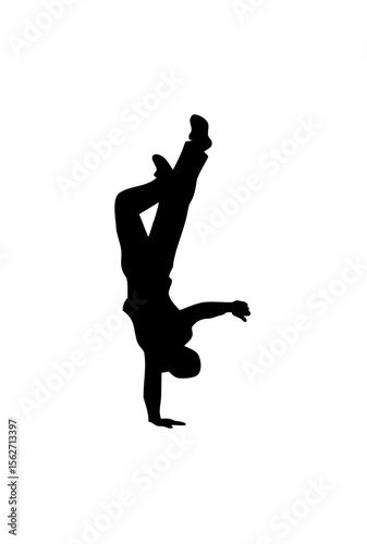 Silhouette of a person performing a handstand with legs crossed, isolated on white.