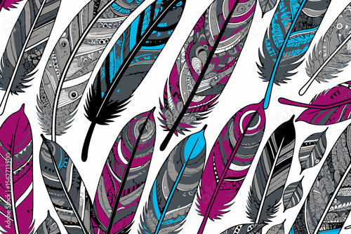 Boho Feathers Artwork-Colorful Feather Illustration-Abstract Feather Pattern-Detailed Feather Drawing-Vibrant Plumage Design-Artistic Bird Feathers-Ethnic Style Feathers