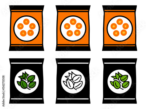 Assortment of stylized snack bags featuring orange fruit and green herbs