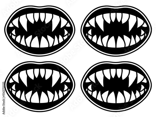 Four black and white stylized vampire mouths with sharp fangs