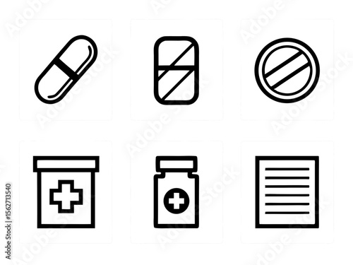Collection of simple black and white icons representing medical supplies and information