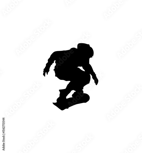 Silhouette of a snowboarder performing an aerial maneuver against white background.