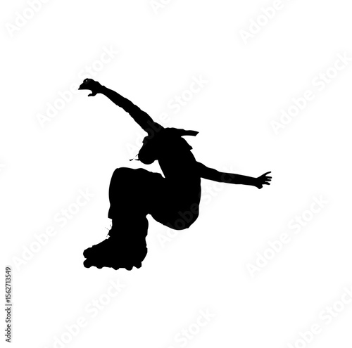 Silhouette of a person performing a trick on inline skates, with arms outstretched for balance.