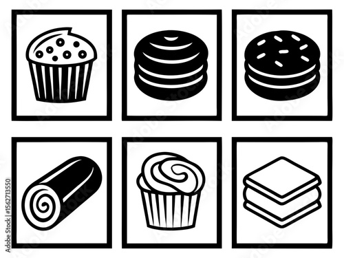 Collection of six stylized black and white icons representing various baked goods and desserts