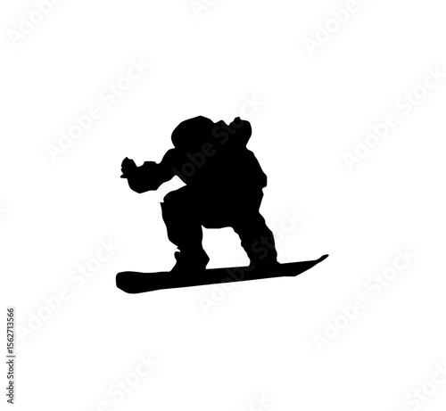Silhouette of a snowboarder in action, riding down a slope.