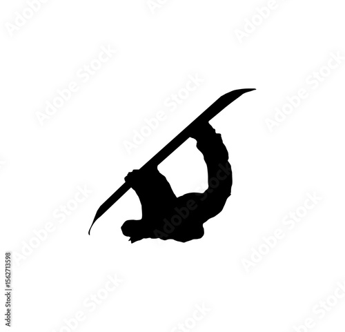 Silhouette of a snowboarder performing a trick in the air, isolated on a white background.