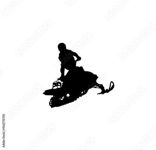 Silhouette of a person riding a snowmobile, performing a stunt in the snow.