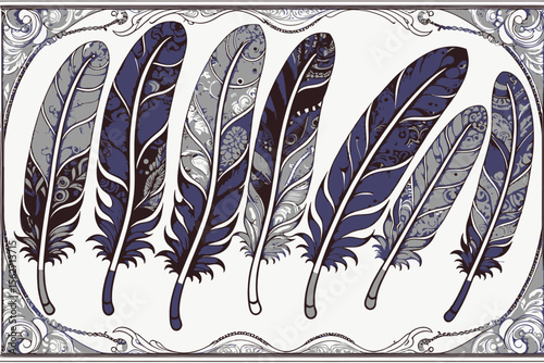 Colorful Feather Artwork-Detailed Feather Designs-Bohemian Style Feather Illustrations-Unique Feather Pattern Art-Intricate Feather Graphic-Tribal Feather Elements
