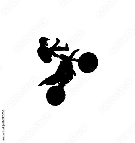 Silhouette of a motocross rider performing a trick in the air on a dirt bike.