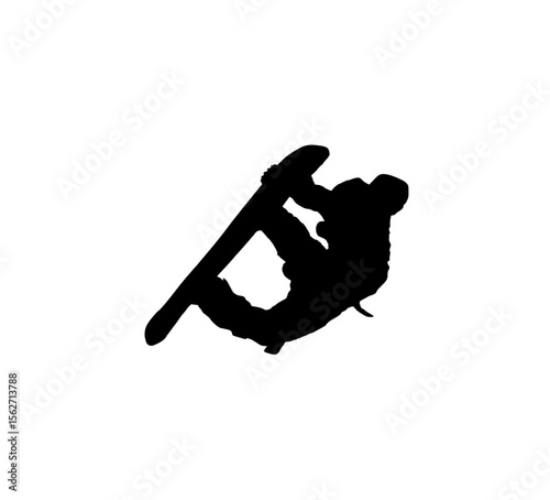 Silhouette of a snowboarder performing a mid-air trick against a white background.