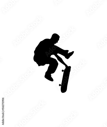 Silhouette of a skateboarder performing an aerial trick, mid-air, against white background.