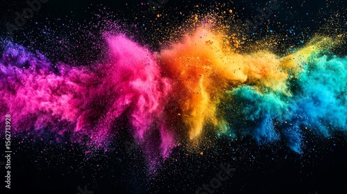 Pastel rainbow Holi paint color big double powder explosion isolated on dark black wide panorama background.