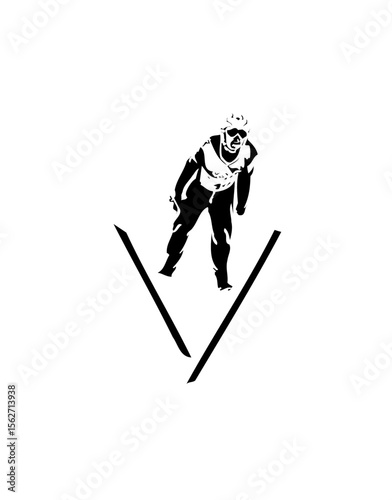 A skier is jumping in the air, with skis forming a V shape below.