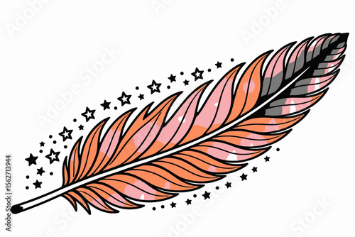Colorful Feather Illustration-Artistic Feather Graphic with Stars-Bright and Detailed Feather Design-Whimsical Feather Clip Art-Creative Feather Image