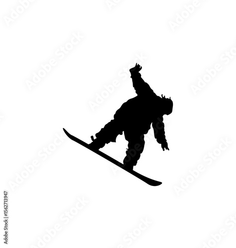 Silhouette of a snowboarder performing a trick in mid-air against a white background.