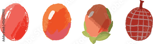 A simple watercolor illustration of four round fruits or berries in various shades of red and orange presented against a clean white background
