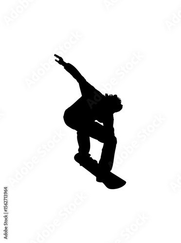 Silhouette of a skateboarder performing a trick in the air, isolated on white.
