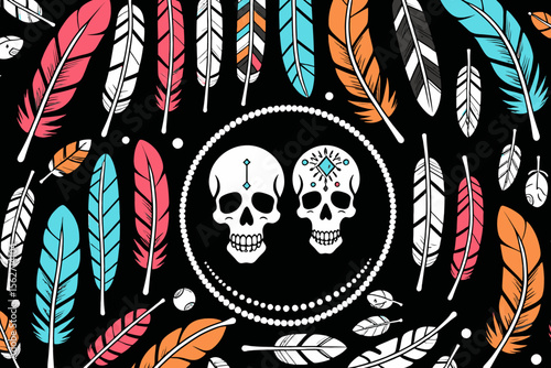 Colorful Feathers and Skulls Illustration - Whimsical Dia de los Muertos Art - Bohemian Style Design with Intricate Skull Details and Vibrant Feather Accents