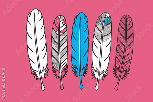 Colorful Feathers Illustration on Pink Background - Unique Feather Designs for Art Projects- Feather Art with Intricate Details- Illustration of feathers on pink backdrop
