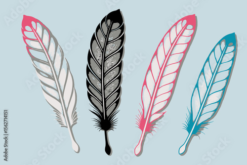 Colorful Feathers Illustration-Detailed Feather Art in Pink Black White and Blue-Elegant Feather Design-Light Background Feather Graphics-Unique Feather Artwork