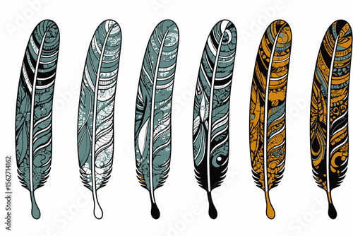 Colorful Feathers Illustration-Detailed Feather Designs with Intricate Patterns-Boho Chic Art-Vibrant Feather Collection-Unique Feather Art for Crafts and Design-Detailed Feathers