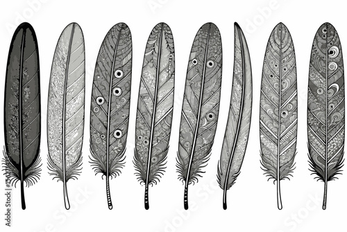 Detailed Feather Art Black and White Illustration-Ornate Bird Plumage Designs-Intricate Feather Patterns for Creative Projects-Unique Feather Art for Wall Decor