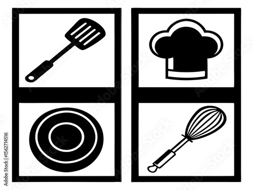 Four black and white icons representing cooking and baking tools