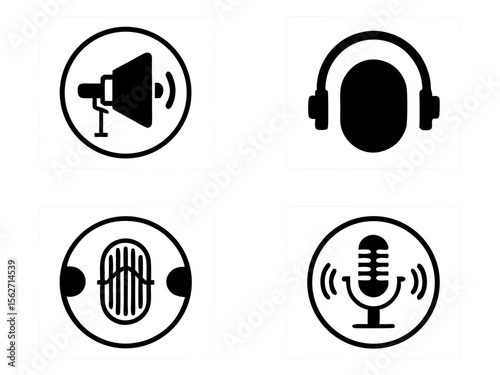Collection of four simple black and white icons representing audio and sound concepts