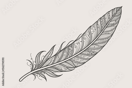 Detailed Feather Illustration- Black and White Drawing- Intricate Feather Design- Bohemian Style Art- Printable Feather Image- Feather Zentangle Pattern