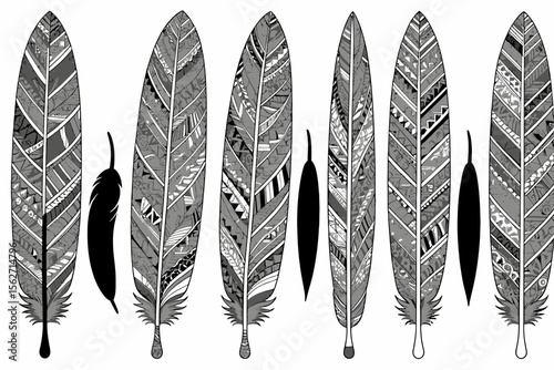 Detailed Feather Illustration-Black and White Drawing-Intricate Tribal Designs-Boho Chic Style-Feather Art Print-Native American Inspired-Hand Drawn Feathers-Zen Doodle Feathers