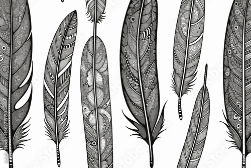 Detailed Feather Illustrations - Black and White Graphic Designs for Crafts- Unique Feather Art for Digital Projects- Intricate Bird Feather Drawings for Printing