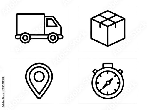 Delivery service icons showing truck package location pin and stopwatch for logistics