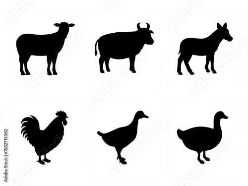 Collection of black silhouettes of farm animals on white background
