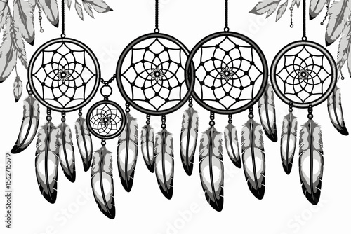 Elegant Dreamcatchers Illustration-Black and White Dreamcatcher Wall Art-Boho Home Decor-Native American Inspired Art-Dreamy Bedroom Design-Feathered Dream Catchers