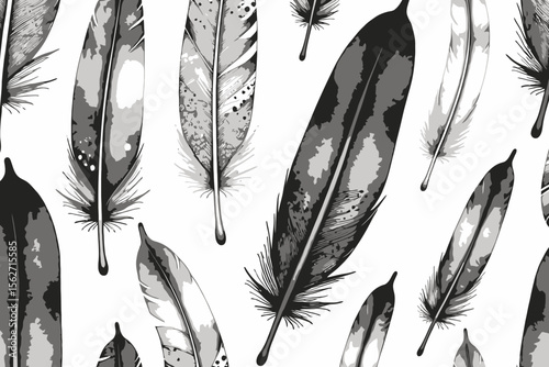 Elegant Feather Art- Black and White Feather Illustration- Intricate Feather Details- Minimalist Feather Design- Feather Pattern for Crafts- Artistic Feather Background