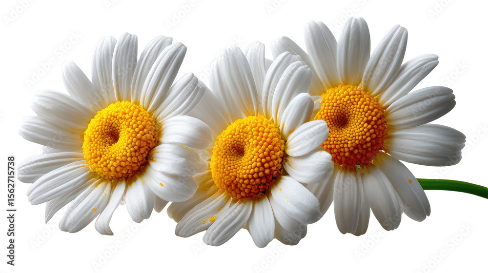 Fototapeta premium Delicate Daisy Trio: A close-up of three pristine daisies, showcasing the perfect symmetry of white petals surrounding a vibrant yellow center, embodies simplicity and the beauty of nature.