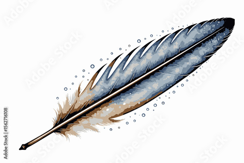 Elegant Feather Illustration-Watercolor Style Feather Art-Brown and Blue Feather Design with Water Droplets-Unique Feather Graphic on White Background