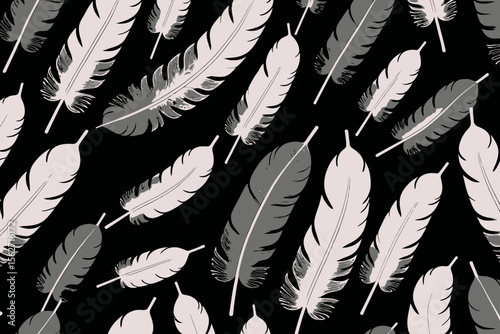 Elegant Feather Pattern - White Pink and Gray Feathers on Black Background - Delicate Feather Design for Wallpaper or Background- Abstract Feather Art
