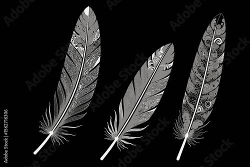 Elegant Feather Trio Illustration-Detailed Silver Plumage Design-Artistic Feathers on Black Background-Digital Art Feathers