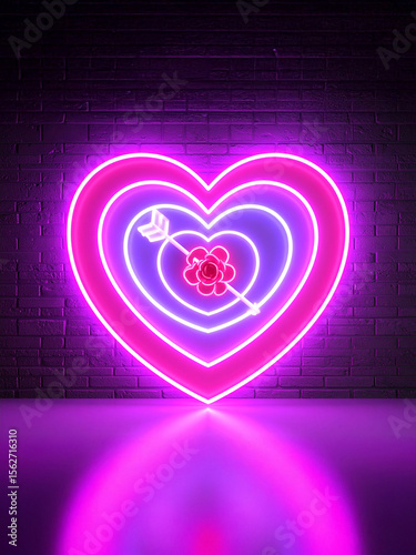 A bright neon heart target, pierced by an arrow with a stylized rose, glows vibrantly in pink and purple tones against a dark brick wall. This artistic image is ideal for themes of love, romance, or t